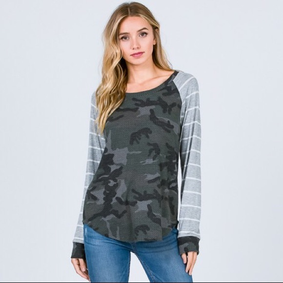 Boutique Tops - SOLD Camo and Stripe Top